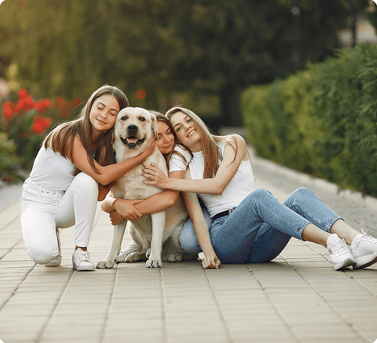 Family with golden retriever dogs